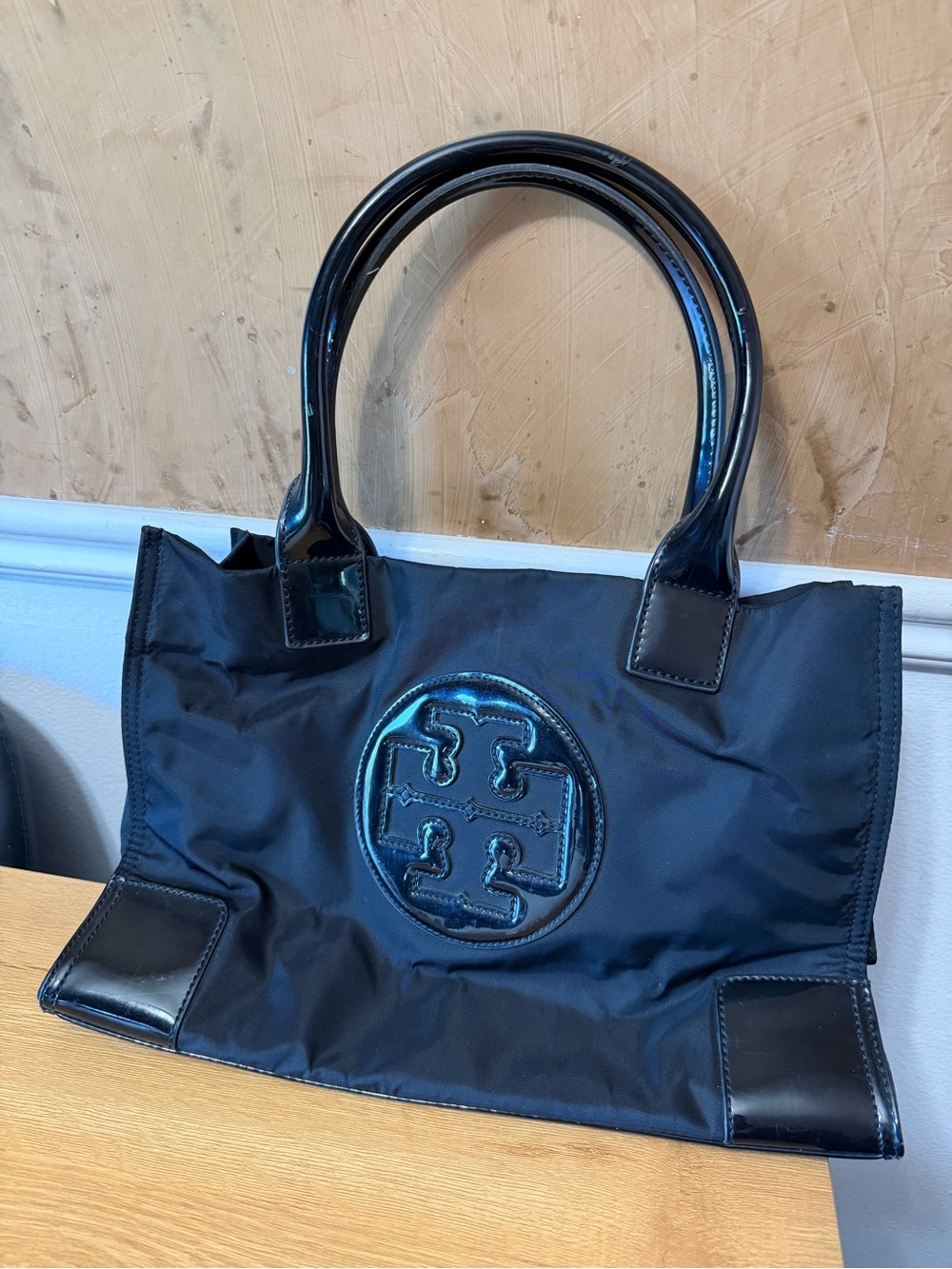 Tory Burch Black Logo Tote Bag with Patent Trim
